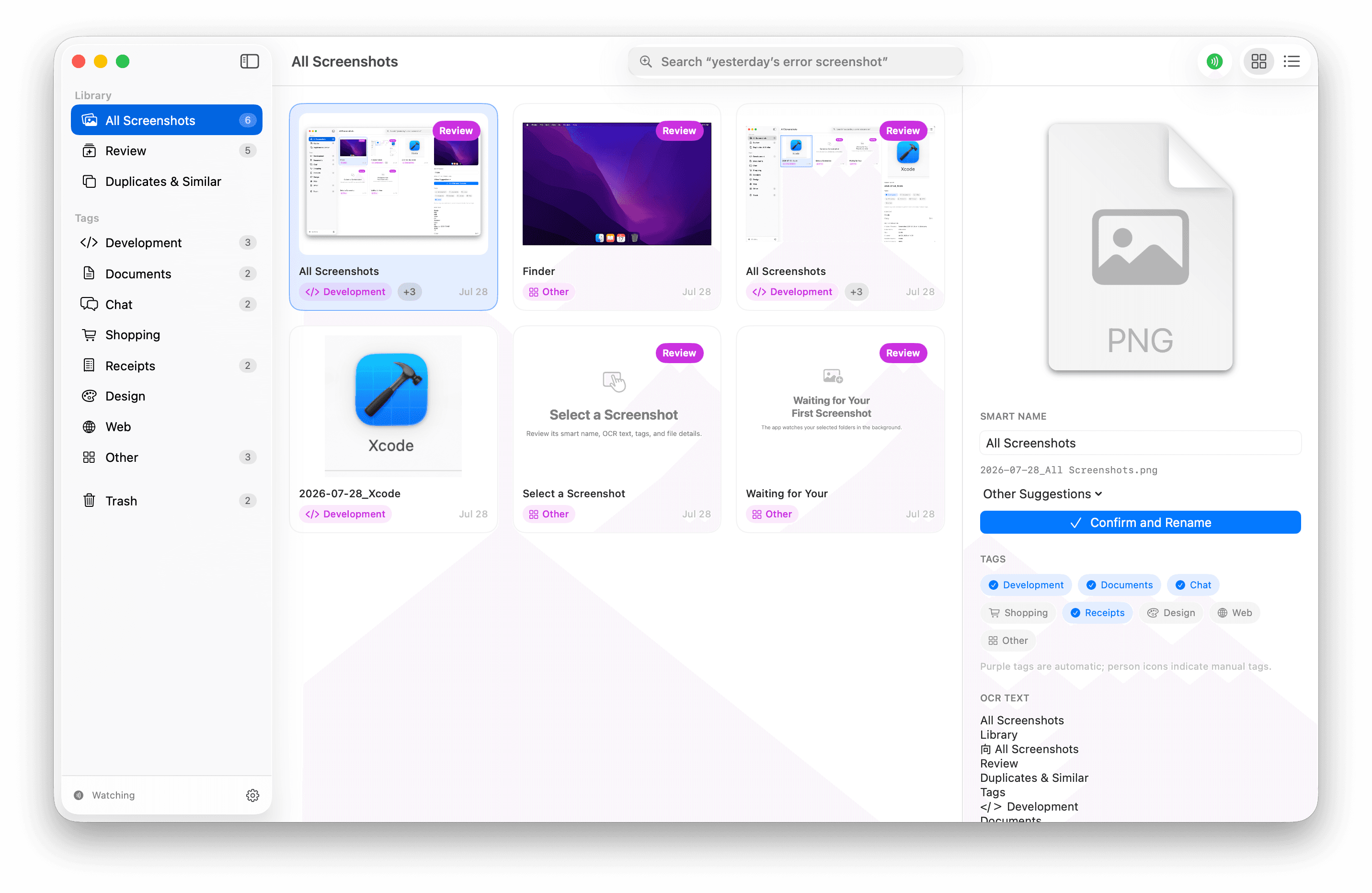 Shotrove screenshot library showing smart naming, tags, search, and screenshot details